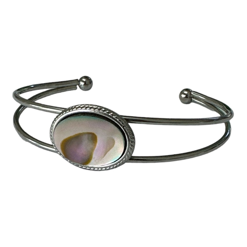 Boho cuff bracelet - oval abalone silver tone
